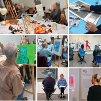 A collage of older adults working on art (drawing and painting) projects