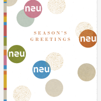 Season's Greetings card for 2025 with colorful circles and the word neu on some circles. The card has a patterned border on the left...