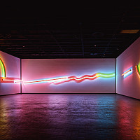 Massive neon sculpture (20' tall and 189' long) installed in a dark museum gallery.