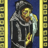 Carved and painted wood panel with a yellow and black border and a central image of Catholic iconography with a weeping male in a black robe