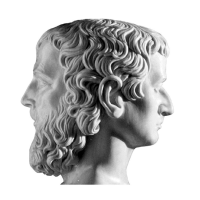 A classical sculptural image of Janus, the Roman god shown with two faces facing opposite directions, against a white background