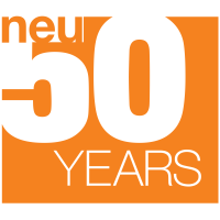 Orange square with a white border and large numbers 50 with small letters neu overlapping the top of the 5 and the word Years beneath