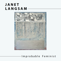 Publication cover with   Abstract painting with textured gray, white, and blue rectangular sections. JANET LANGSAM is in bold black letter