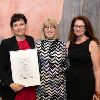 Helaine Posner (center) and Tracy Fitzpatrick (right) with 2019 Neuberger Prize winner Yto Barrada