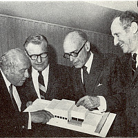 Pictured from left to right: Roy Neuberger; Governor Rockefeller; Philip Johnson, Neuberger architect; and Dr. Abbott Kaplan, Purchase Co...
