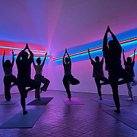 Silhouettes of eight yoga practitioners in the Proscenium gallery