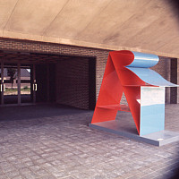 Archival image of the ART sculpture outside the front door of the Neuberger Museum of Art