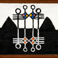 An abstract painting using light and dark. Background is white on top, black on bottom with 4 peaks. There are 8 totem-style motifs split in