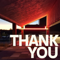 Photograph of Neon Lintel with Thank You text in lower right corner for Thanksgiving 2021 message to members. Stephen Antonakos, Neon Lin...