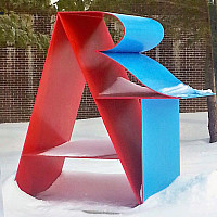 A photo of Robert Indiana's Art sculpture in a snow-covered courtyard with the numbers 2024 and Happy New Year and Happy Anniversary