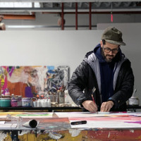    José Parlá drawing in his studio, 2020     From exhibition images of José Parlá: It?s Yours   ...