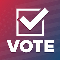 Word vote in blue with a red box and a blue checkmark