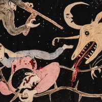 A surreal painting depicts a large, menacing wolf with a crescent moon-shaped head attacking two people, one holding a rifle and another wit