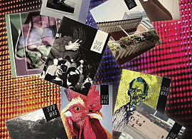 A collage of nine Sub Mag magazine covers with various images, including a rooster, beach scene, flowers, vintage photos, and abstract art,