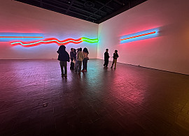 A group of people stand in a dimly lit art gallery with neon light installations in red, green, and blue on the walls, creating colorful r
