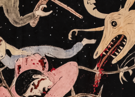 A surreal painting depicts a large, menacing wolf with a crescent moon-shaped head attacking two people, one holding a rifle and another wit