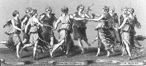 The Nine Muses, goddesses of the arts and the sciences; daughters of Zeus and Mnemosyne.