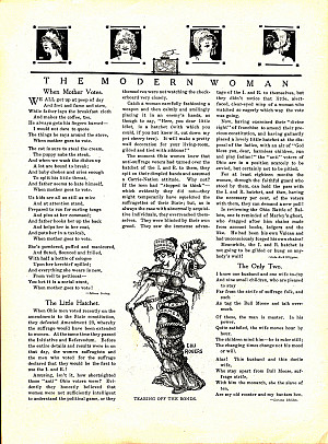 The Modern Woman, a pro-suffrage page appearing in Judge Magazine and containing a suffrage cartoon by Lou Rogers, Tearing Off the Bonds....