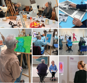 A collage of older adults working on art (drawing and painting) projects