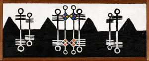 An abstract painting using light and dark. Background is white on top, black on bottom with 4 peaks. There are 8 totem-style motifs split in