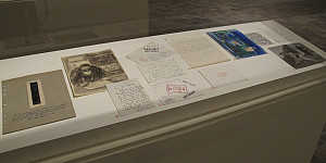 Display cases filled with artworks and letters for Roy R. Neuberger's 50th and 75th Birthday Books.