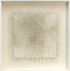 photo of an artwork comprised of white painted nails on a white canvas