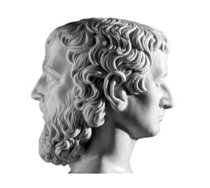 A classical sculptural image of Janus, the Roman god shown with two faces facing opposite directions, against a white background