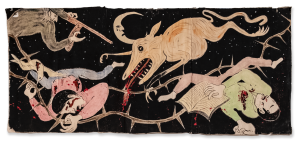 A surreal painting depicts a large, menacing wolf with a crescent moon-shaped head attacking two people, one holding a rifle and another wit