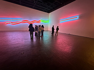 A group of people stand in a dimly lit art gallery with neon light installations in red, green, and blue on the walls, creating colorful r