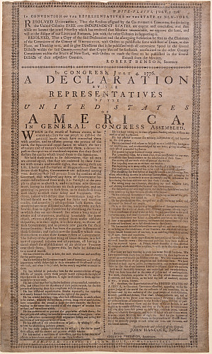 Image of the Holt Broadside. A weathered document with very small type in two columns.