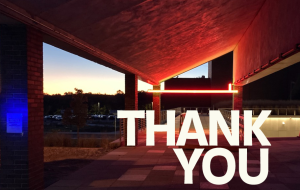 Photograph of Neon Lintel with Thank You text in lower right corner for Thanksgiving 2021 message to members. Stephen Antonakos, Neon Lin...