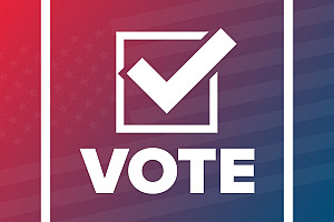 Word vote in blue with a red box and a blue checkmark