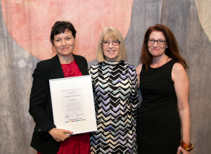 Helaine Posner (center) and Tracy Fitzpatrick (right) with 2019 Neuberger Prize winner Yto Barrada