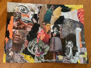Use the artistic techniques of collage and dechirage to create an abstract mixed-media project inspired by the work of Romare Bearden.