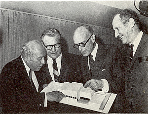 Pictured from left to right: Roy Neuberger; Governor Rockefeller; Philip Johnson, Neuberger architect; and Dr. Abbott Kaplan, Purchase Co...
