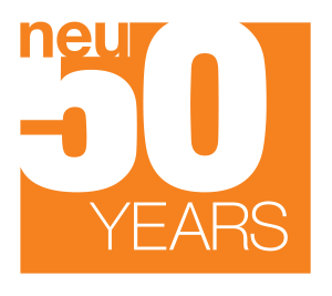 Orange square with a white border and large numbers 50 with small letters neu overlapping the top of the 5 and the word Years beneath