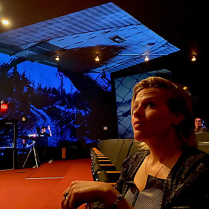    Chelsea Spengemann in a Stan VanDerBeek installation at Rice University Media Center, March 2020. 
