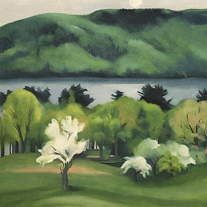Georgia O'Keeffe, Lake George by Early Moonrise, 1930. Oil and gouache on canvas, Collection Neub...