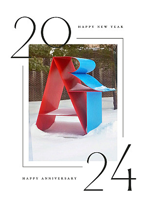 A photo of Robert Indiana's Art sculpture in a snow-covered courtyard with the numbers 2024 and Happy New Year and Happy Anniversary