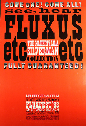 Orange poster with the title of the Fluxus etc exhibition and details about the FluxFest in 1983