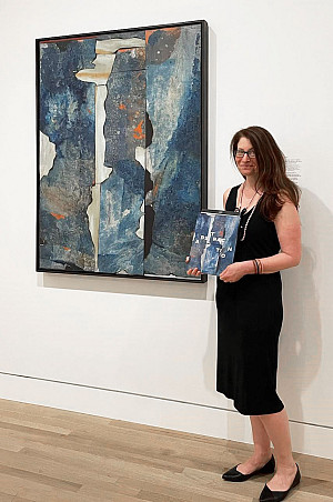 Tracy Fitzpatrick with Romare Bearden's River Mist (ca. 1962), mixed media, 54x40 inches, on view at the Frye Art Museum in Seattle, WA, ...