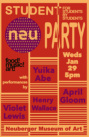 Promotional poster for the Spring 2020 Student Welcome Party at the Neuberger Museum of Art including the NEU logo and details about the ...