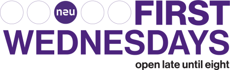 First Wednesdays Logo with tagline First Wednesday in purple letters and Neuberger circle logo