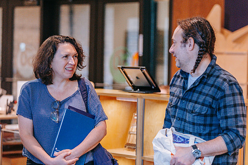 NVA teaching artists Natalya Khorover (l) and Benjamin Degen (r) in the Neuberger Museum of Art