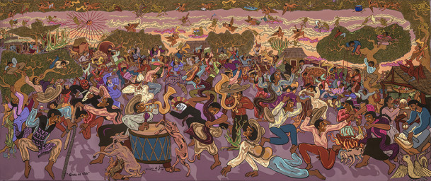    Nicolás de Jesús, Gusto es vida, 2020   Acrylic on canvas, 64½ x 145½ inches   Collection Carlos Hernández Cruz, Casa Michoacana ...