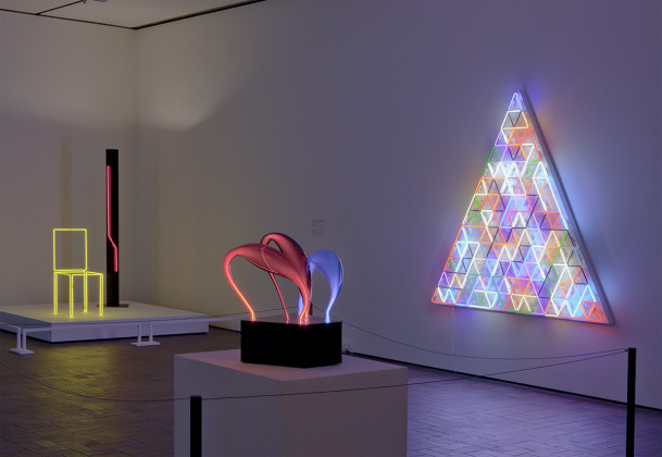 Installation image from the Bending Light: Neon Art from 1965 exhibition at the Neuberger in 2018...