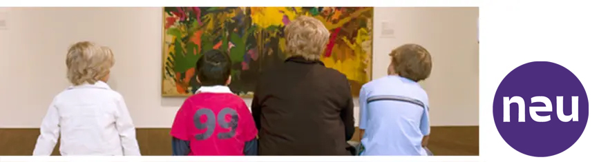 Three children and one adult sit on a bench in a museum, looking at a colorful painting