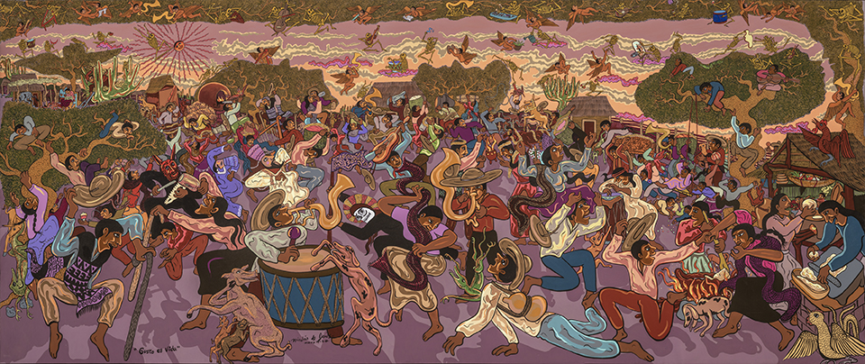    Nicolás de Jesús, Gusto es vida, 2020   Acrylic on canvas, 64½ x 145½ inches   Collection Carlos Hernández Cruz, Casa Michoacana ...