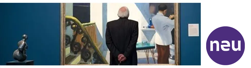 Crop of Edward Hopper painting, a man in a dark coat seen from the back, looking into a sunlit room.