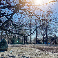 Egg shaped sculpture made of stone bricks sits under the branch of a tree with a dusting of snow on top and all around.